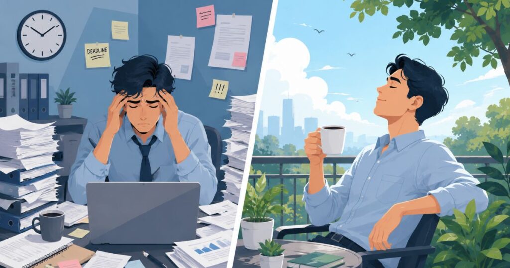 Office worker recovering from work burnout through rest and balance.